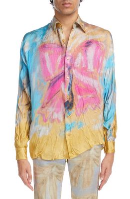 Acne Studios x Karen Kilimnick Bow Print Button-Up Shirt in Straw Yellow/Pink