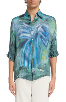 Acne Studios x Karen Kilimnick Bow Print Crinkle Button-Up Shirt in Sage Green/Light Blue
