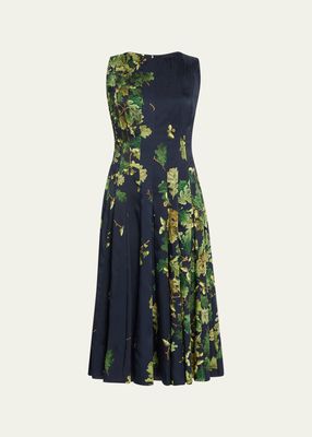 Acorn-Print Cady Inset Pleated Midi Dress