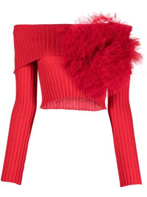 Act N°1 ruffle-tulle ribbed bardot top - Red