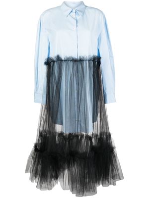 Act N°1 tulle-skirt long-sleeve shirt dress - Blue