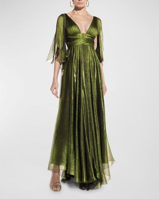 Ada Metallic Silk V-Neck Flutter-Sleeve Gown