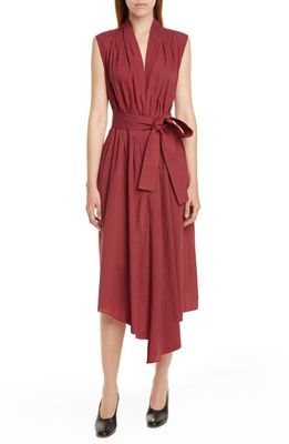 Adam Lippes Belted Asymmetrical Voile Midi Dress in Rust