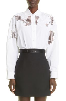Adam Lippes Embroidered Rose Poplin Button-Up Shirt in White