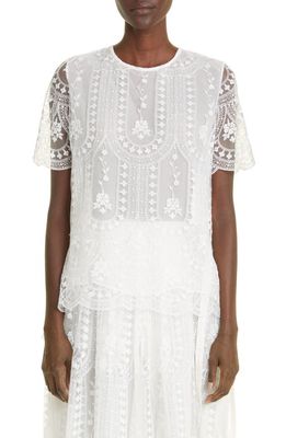 Adam Lippes Floral Embroidered Scalloped Tulle Blouse in Ivory