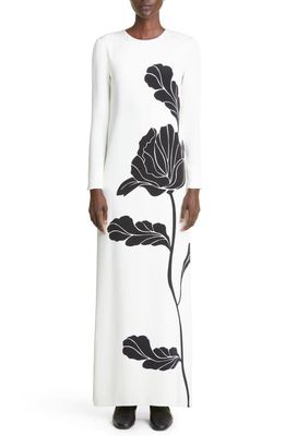 Adam Lippes Floral Long Sleeve Silk Crepe Column Gown in Ecru/Black