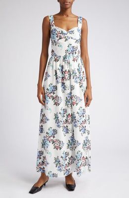 Adam Lippes Floral Print Bustier Bodice Cotton Voile Maxi Dress in Black Floral