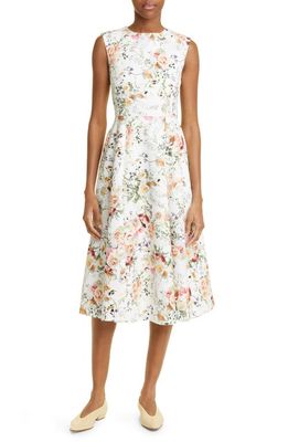 Adam Lippes Floral Print Cotton Stretch Twill Fit & Flare Dress in White Floral