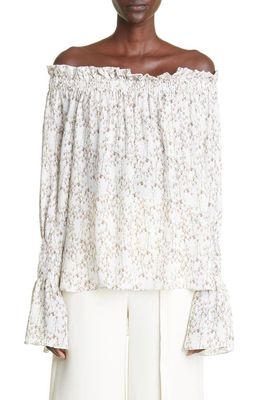 Adam Lippes Floral Print Off the Shoulder Silk Georgette Blouse in Ivory Multi