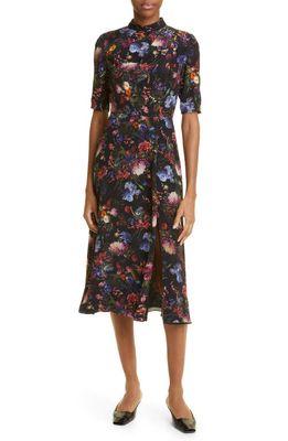 Adam Lippes Floral Print Pleated Neck Silk Dress in Black Floral
