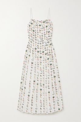 Adam Lippes - Pleated Floral-print Silk Crepe De Chine Midi Dress - White