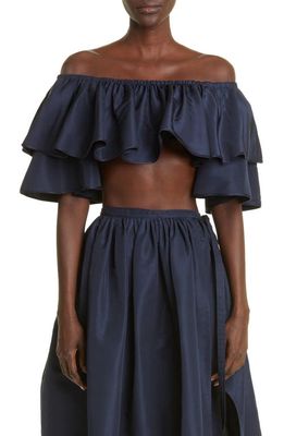 Adam Lippes Ruffle Off the Shoulder Silk Faille Crop Top in Navy