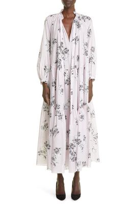 Adam Lippes Tiered Rose Print Long Sleeve Cotton Voile Dress in Pale Pink Floral