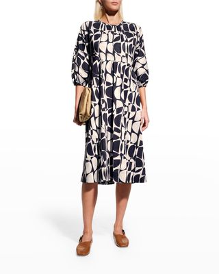 Adatti Abstract-Print Blouson-Sleeve Midi Dress