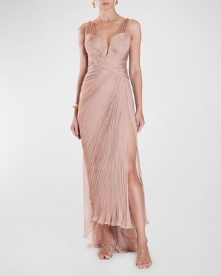 Adelie Plunging Draped Plisse Slit Gown