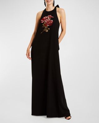 Adelina Floral Beaded Halter Gown