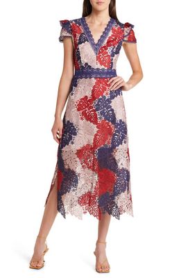 Adelyn Rae Adeline Palm Lace Midi Dress in Navy/Wine/Blush