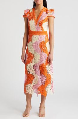 Adelyn Rae Adeline Palm Lace Midi Dress in Orange/Pink/Cream 