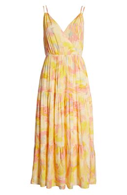 Adelyn Rae Connie Abstract Tiered Midi Dress in Yellow Pink