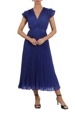 Adelyn Rae Daisy Pleated Tie Back Midi Dress in Blue 