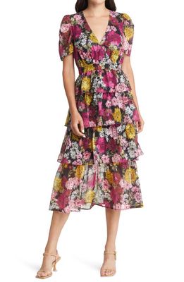 Adelyn Rae Eliza Floral Print Puff Sleeve Tiered MIdi Dress in Pink Floral