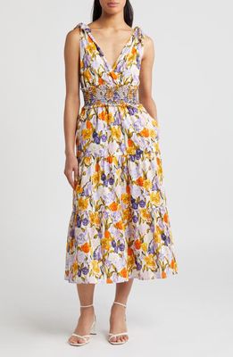 Adelyn Rae Floral Tie Shoulder Cotton Midi Dress in Purple/Yellow Multi