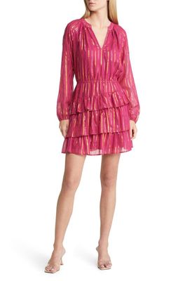 Adelyn Rae Hillary Asymmetric Ruffle Long Sleeve Cotton Blend Dress in Dark Pink