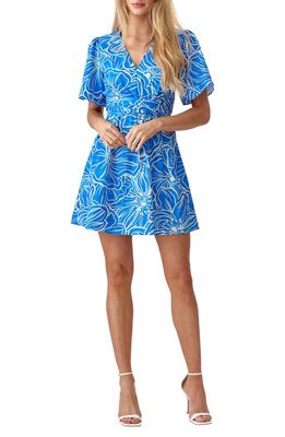 Adelyn Rae June Floral Pleated Cutout Fit & Flare Minidress in Sea Blue Cream 