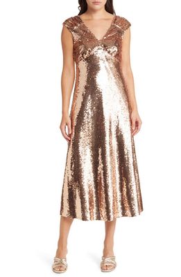 Adelyn Rae Konnie Sequin Midi Dress in Liquid Gold