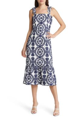Adelyn Rae Layla Embroidered Cotton Midi Dress in White/Navy