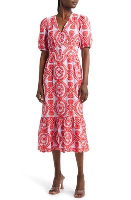 Adelyn Rae Luisa Embroidered Cotton Midi Dress in Lilac/Red