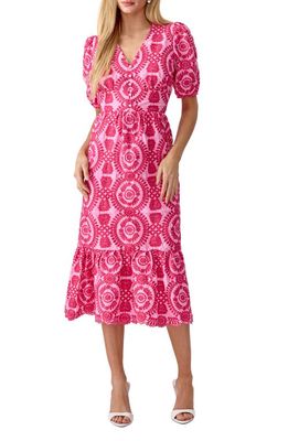 Adelyn Rae Luisa Embroidered Midi Dress in Pink/Magenta