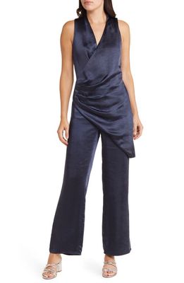 Adelyn Rae Nanci Overlay Satin Faux Wrap Jumpsuit in Navy