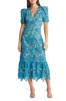 Adelyn Rae Wanda Floral Lace Puff Sleeve Dress in Teal