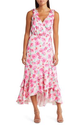 Adelyn Rae Willow Floral Ruffle Handkerchief Hem Wrap Dress in Pink/Mint