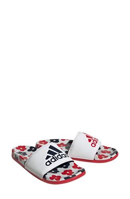 adidas Adilette Comfort Slide Sandal in White/White/Better Scarlet