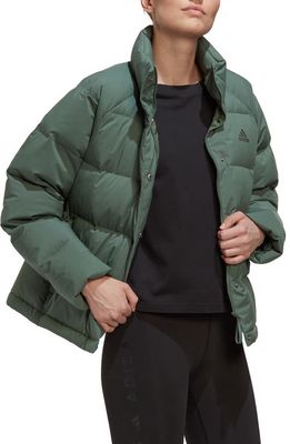 adidas Helionic Relaxed 600 Fill Power Down Jacket in Green Oxide