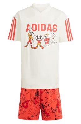 adidas Kids' Disney Mickey & Friends Graphic T-Shirt & Shorts Set in Off White/Bright Red