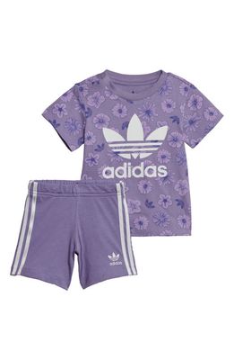 adidas Kids' Floral Print Cotton T-Shirt & Shorts Set in Magic Lilac/Multicolor