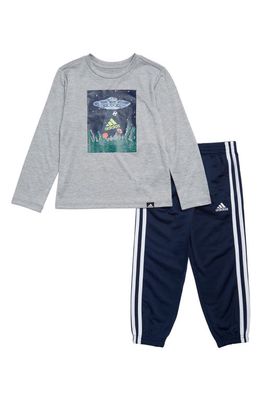 adidas Kids' Long Sleeve Graphic T-Shirt & Tricot Pants Set in Medium Grey