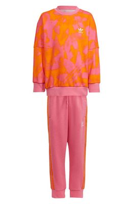 adidas Kids' Summer Print Crewneck Sweatshirt & Joggers Set in Bright Orange/Pink Fusion