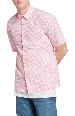 adidas Monogram Print Short Sleeve Button-Up Shirt in Bliss Pink