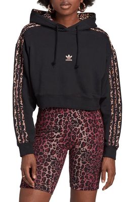 adidas Originals 3-Stripes Leopard Print Crop Cotton Hoodie in Black/Multicolor