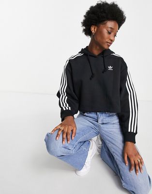 adidas Originals adicolor 3 stripe cropped hoodie in black