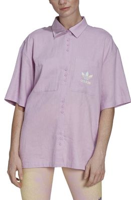 adidas Originals Button-Up Linen Blend Shirt in Bliss Lilac