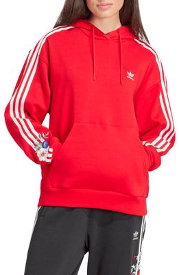 adidas Originals Floral Embroidered Cotton Hoodie in Better Scarlet