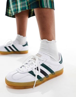 adidas Originals Gazelle Indoor gum sole sneakers in white and green