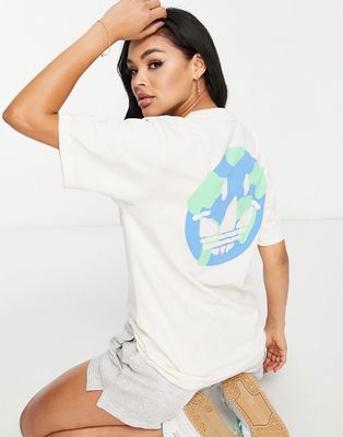 adidas Originals Graphics happy earth boyfriend fit t-shirt in non dye with back print-White