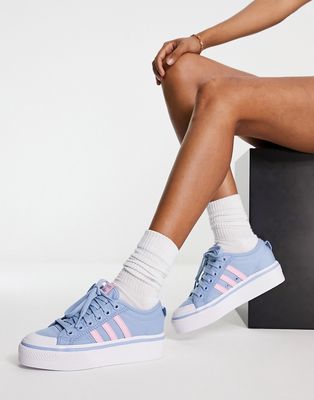 adidas Originals Nizza platform sneakers in pale blue with pink stripes