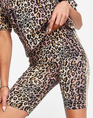 adidas Originals three stripe leopard print legging shorts in beige and black-Neutral